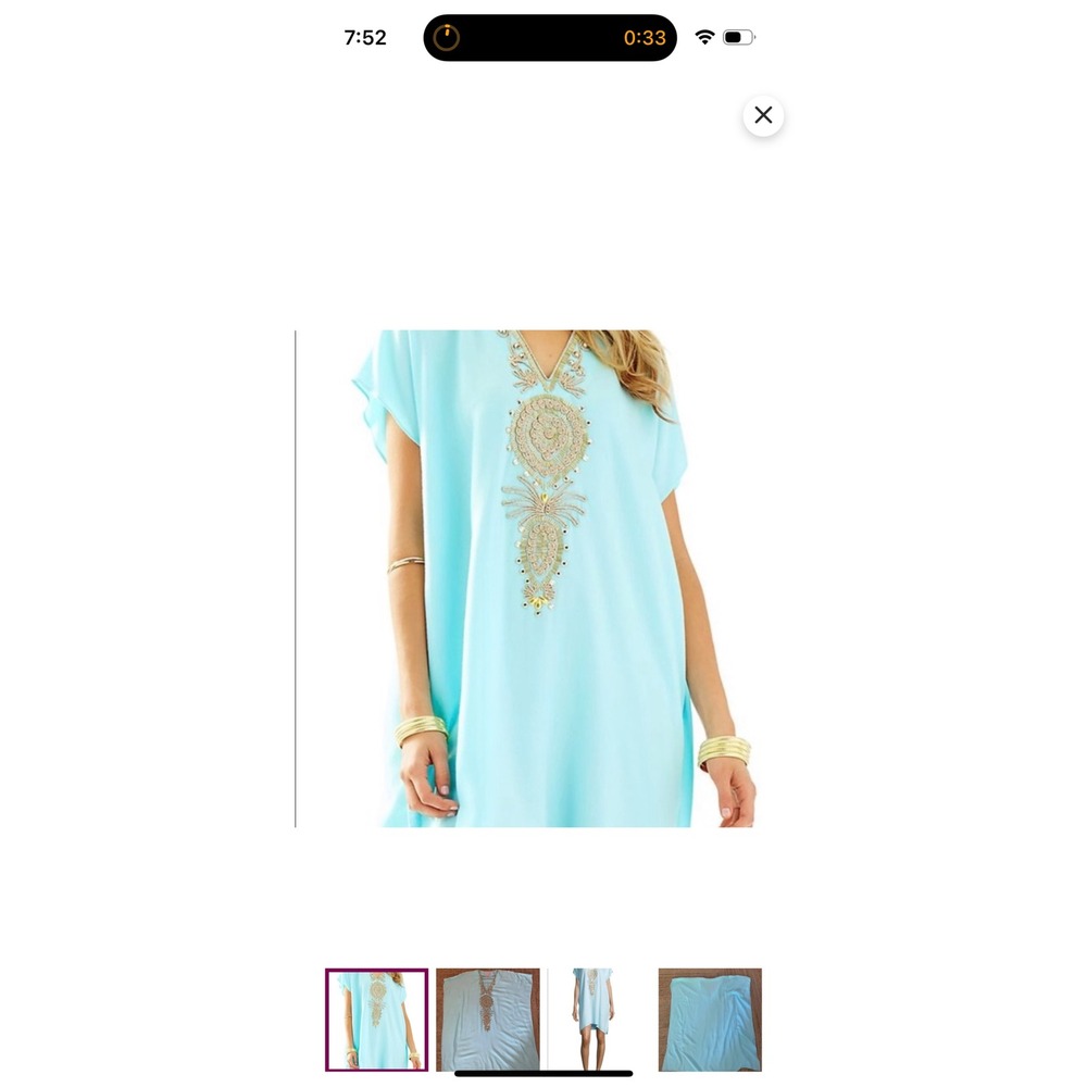 Lilly Pulitzer Pool Blue Beaded Gold Embroidered Kaftan Cover Up XXS/XS